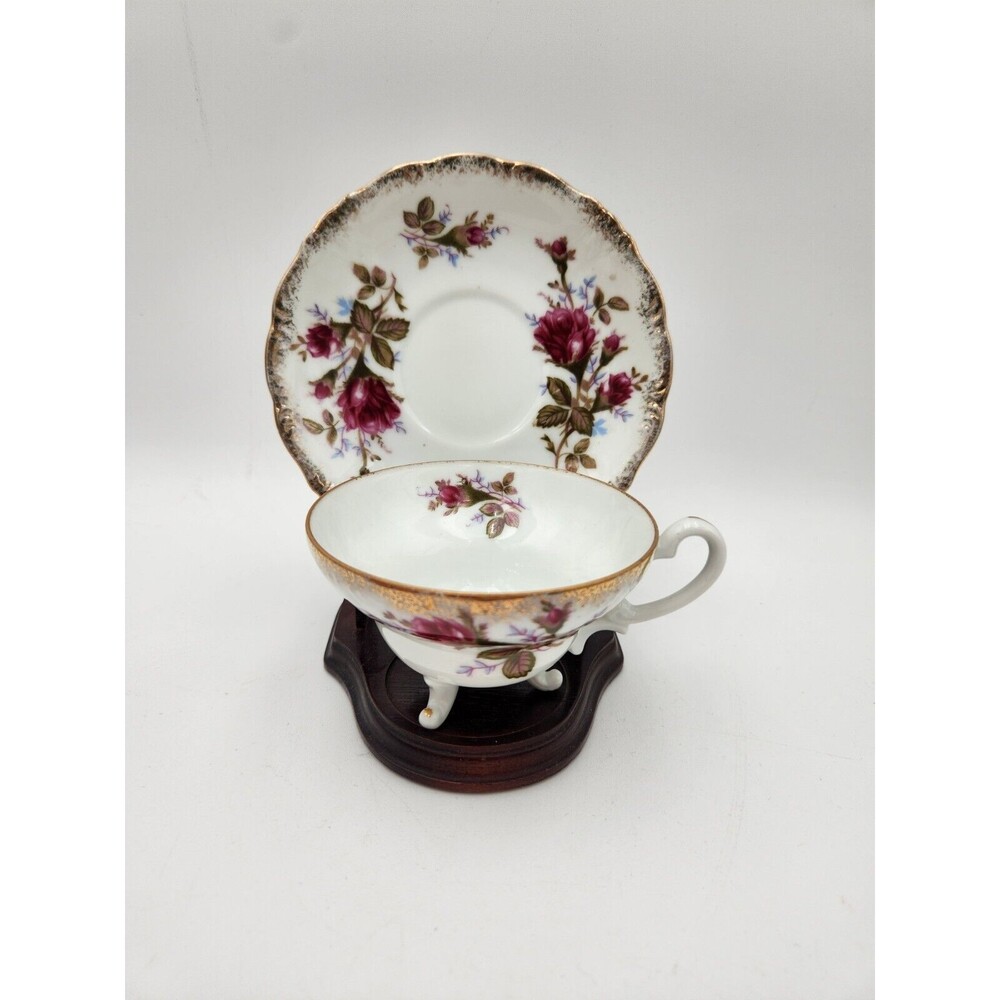 Marco Footed Porcelain China Tea Cup and Saucer Rose with Gold Trim‎